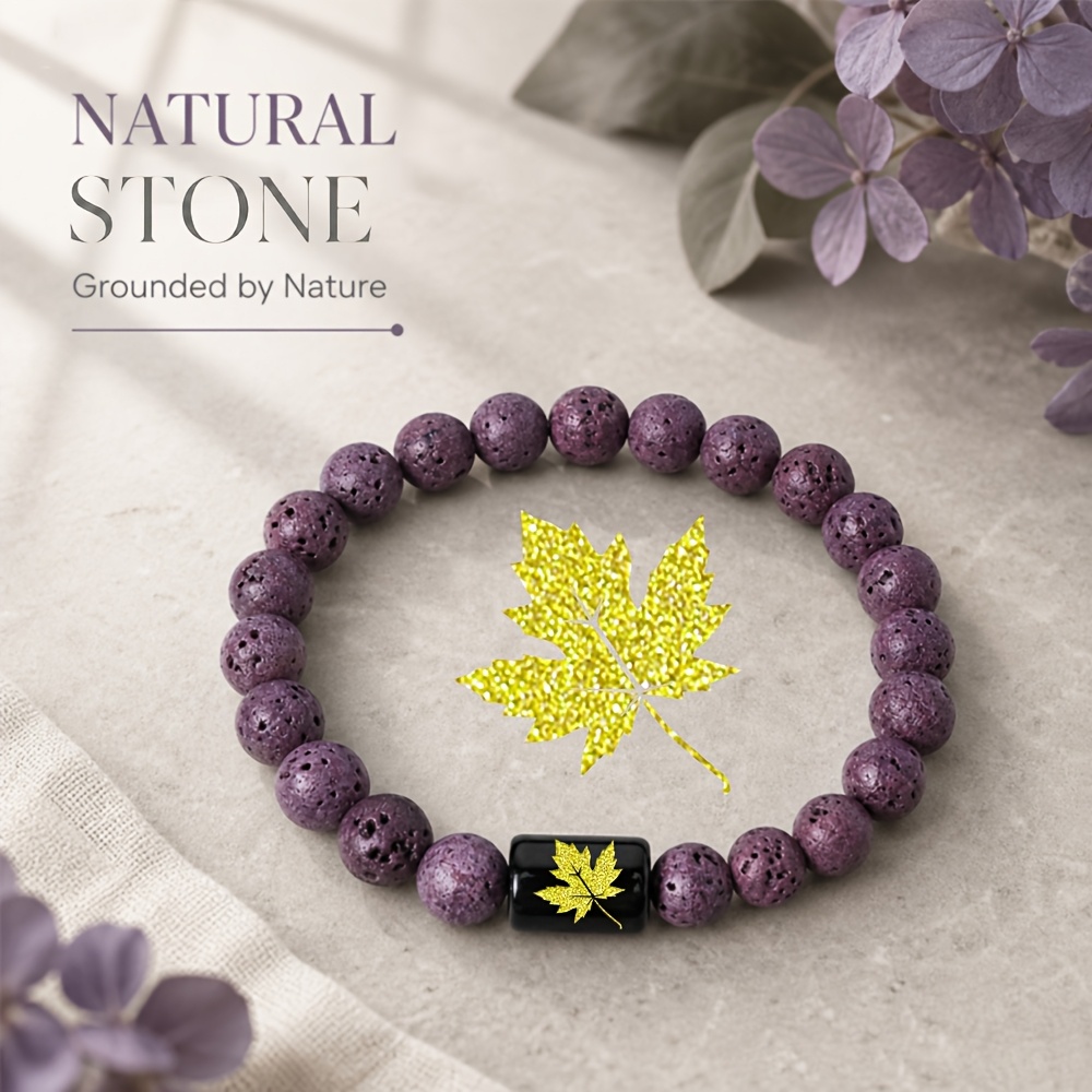 Women's Natural Stone Beaded Bracelet with Golden Leaf Accent